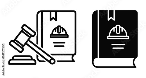 Construction labor law icons set with judge gavel and safety regulation book featuring hard hat symbol for legal compliance industry
