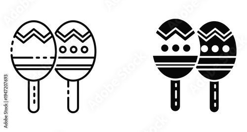 Maracas musical instrument icon set featuring outline and solid black glyph styles for percussion rhythm celebration carnival and latin music design