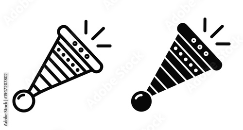 Party popper icon set with confetti explosion for birthday celebration event anniversary surprise and festive holiday decoration graphic elements