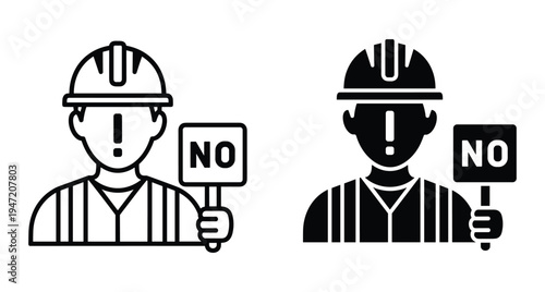 Construction worker wearing safety helmet and vest holding a no sign for warning protest or site access restriction icon