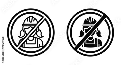 No female worker entry sign icon set with construction helmet and safety gear prohibited symbol for industrial site safety warning