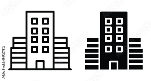 Office building icon set with outline and solid glyph styles representing urban architecture skyscraper apartment city real estate business center