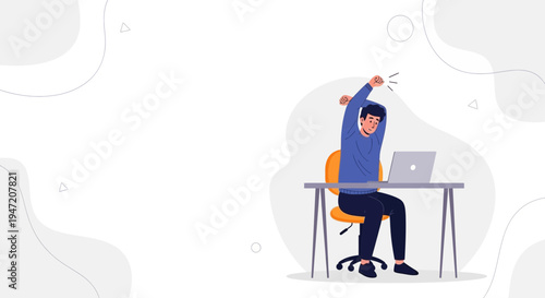 Man stretching at desk with laptop, office worker taking break, healthy work habits