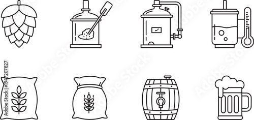 Brewery icons: hops, grain sacks, barrel, fermenter, beer glass. detailed line art with minimal color, craft beer, brew day, food industry, beverage industry