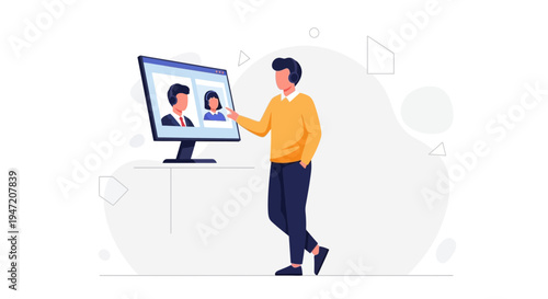 Man on Video Call with Colleagues, Remote Work Concept