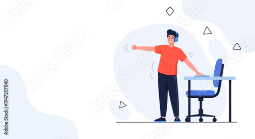 Man stretching at desk with headphones, active lifestyle, work break, office exercise