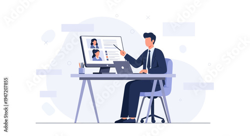 Man in suit conducting online meeting with colleagues via video conference