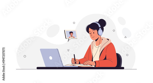 Student learning online with headphones and laptop, video call with teacher