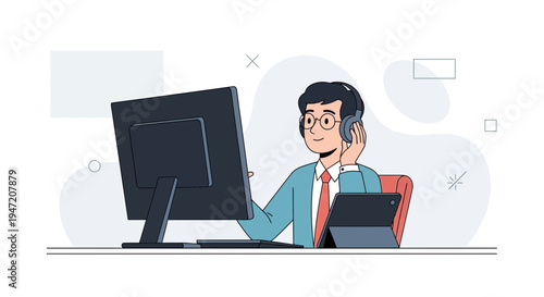 Man with headphones working on computer, modern office, technology, remote work