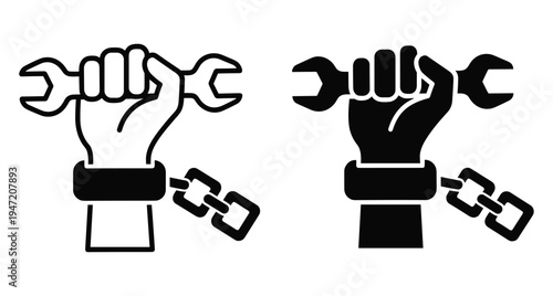Hand holding wrench with broken chain symbol representing labor freedom worker rights industrial empowerment and liberation from forced work conditions
