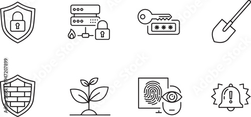 Security icons: shield with lock, server protection, password, shovel, brick wall shield, plant growth, fingerprint scan, alert bell. line art, design element