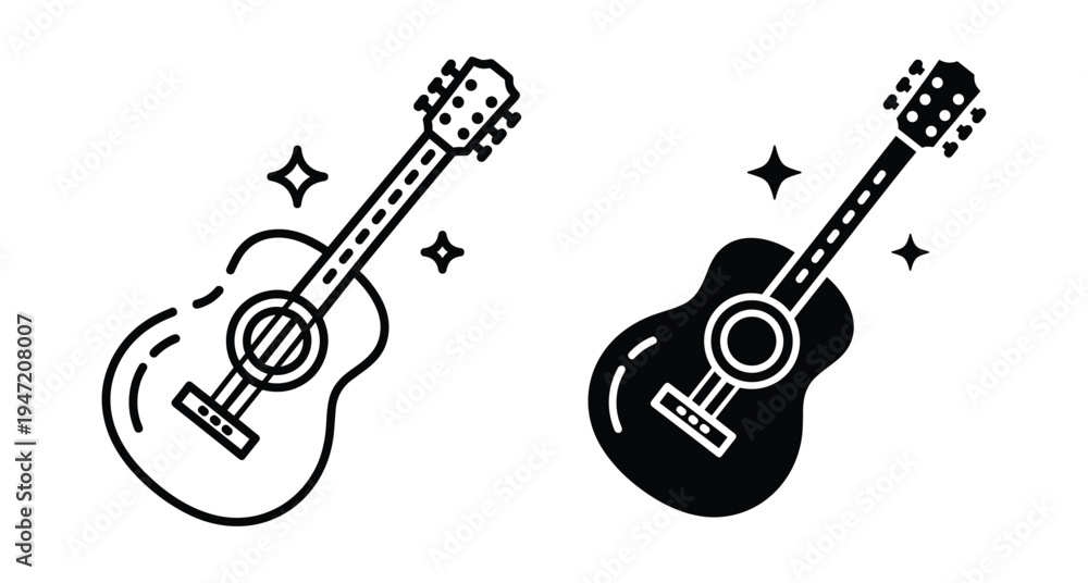 Fototapeta premium Acoustic guitar icon set featuring outline and solid silhouette styles with sparkle accents for music branding and creative design projects