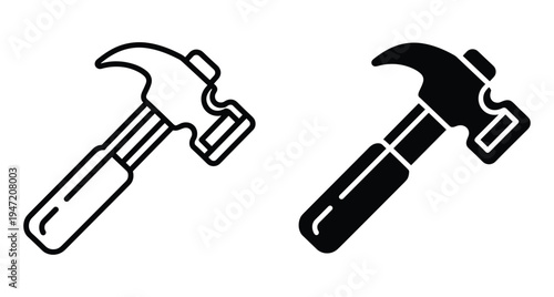 Hammer icon set with outline and solid versions for construction repair carpentry maintenance hardware building diy projects and industrial work