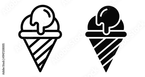 Ice cream cone icon set with scoops of gelato in waffle cones featuring outline and solid glyph styles for menus