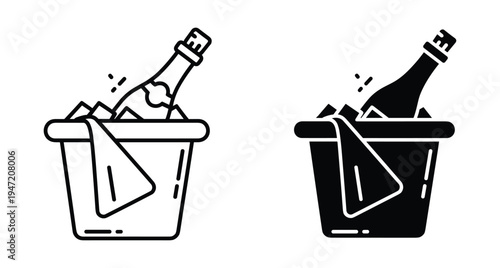 Champagne bottle in ice bucket with towel icon set for celebration party wedding event anniversary toast drink alcohol beverage