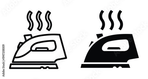 Steam iron icon set with outline and solid versions for laundry service clothing care household appliance design and web interface