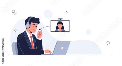 Man in Headphones on Video Call with Woman, Working Remotely