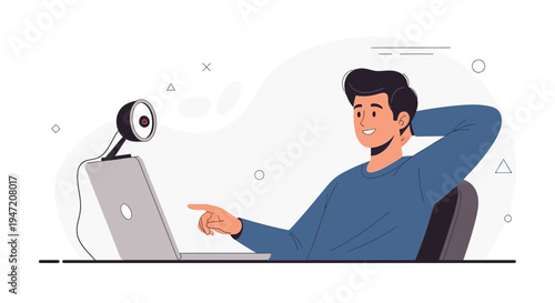 Man using laptop with webcam for online communication, video call, remote work
