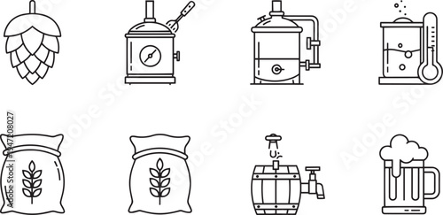 Brewing process icons: hops, malt bags, still, barrel, beer mug - line art vector set, white background, raw material