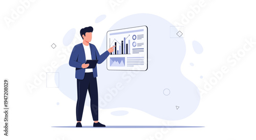 Business man presenting financial report with charts and graphs on screen