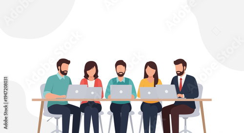 Diverse team collaborating on laptops at a modern office desk, flat design illustration.