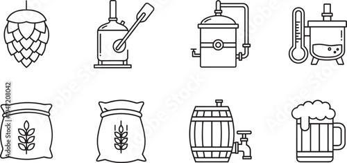 Beer making icons: hops, malt, brewing equipment, barrel, beer glass - outline vector art, line art, white background, raw material