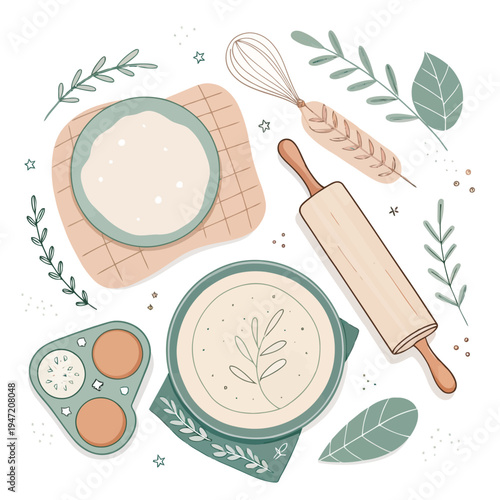 A beautifully illustrated flat lay composition showcasing various baking essentials like a rolling pin, whisk, and dough for a cozy homemade cooking experience
