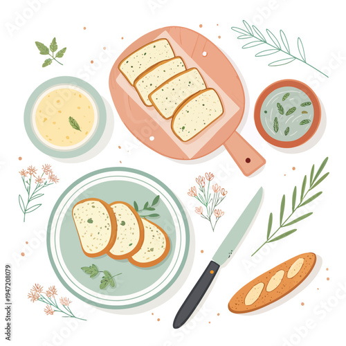 Delicious homemade garlic bread slices served with a warm bowl of creamy soup, a fresh baguette, and aromatic herbs in a charming flat lay arrangement