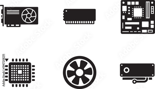 Computer hardware icons: gpu, ram, motherboard, cpu, fan, psu - technology vector set, computer parts, graphics card, white background