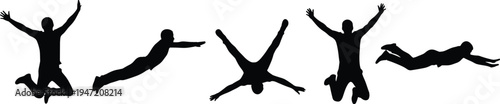 Jumping man silhouette set showing energetic male figures jumping, flying and celebrating poses, dynamic action people collection isolated on white background for design