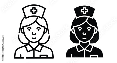 Nurse icon set featuring female medical professional in uniform with cap and cross symbol for healthcare clinic hospital and medicine
