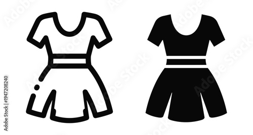 Dress icon set featuring outline and solid black styles for fashion retail clothing apparel shopping website interface design elements