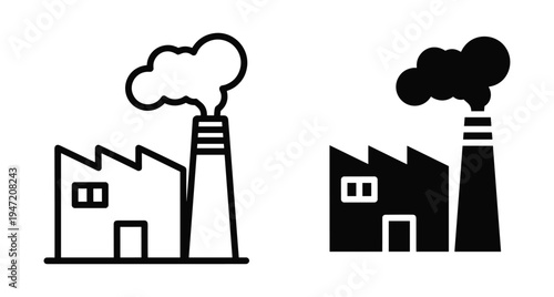 Factory building icon set with chimney smoke representing industrial manufacturing plant production facility energy power station environmental pollution carbon emissions