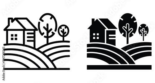 Rural landscape icon set featuring a house on rolling hills with trees in outline and solid black glyph styles