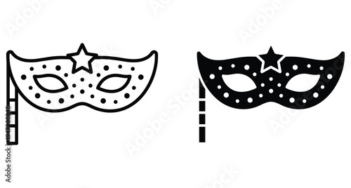Carnival masquerade mask icons with star and polka dots in outline and solid black silhouette styles for party celebration events