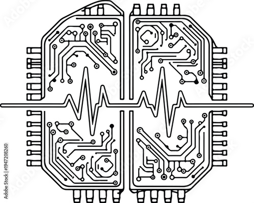 Conceptual illustration of a digital brain with integrated circuits and a frequency wave.