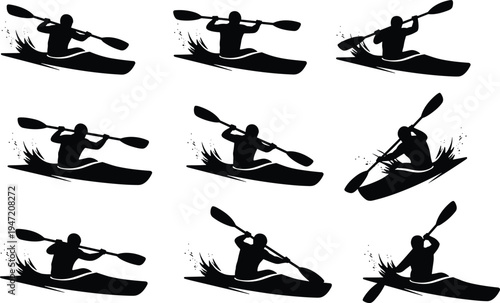 Kayaking silhouette set with paddlers in canoe splashing water adventure sport activity outdoor recreation kayaking action vector illustration isolated collection