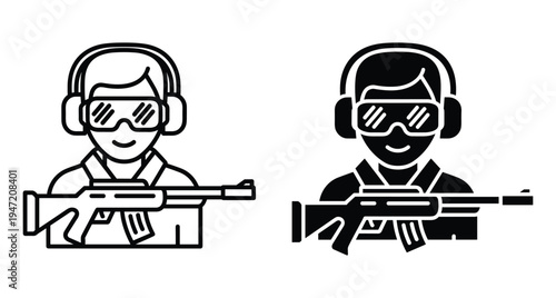 Shooter icon set featuring person with rifle wearing safety goggles and ear protection for shooting range or hunting sports activities