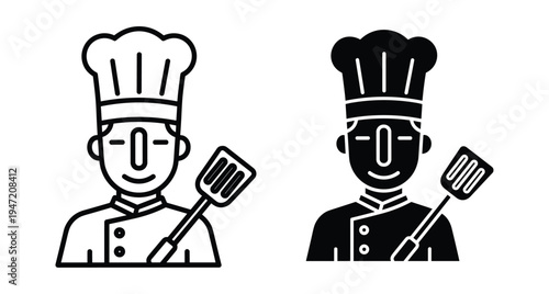Chef character icon set featuring male cook wearing professional hat and holding kitchen spatula tool in outline and solid styles
