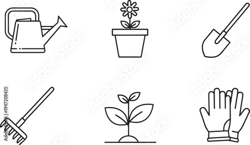Gardening tools and plant icons - watering can, pot, shovel, rake, seedling, gloves, line art