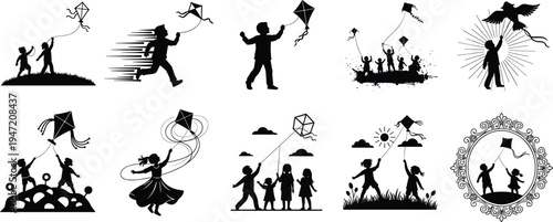 Kids flying kite silhouettes collection showing children playing outdoors with kites, joyful childhood activity and family fun isolated on white background