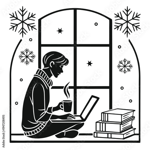 cozy winter studying with coffee silhouette black  (1)