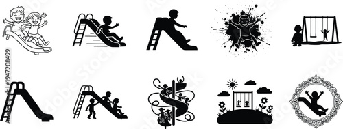 Kids playground slide silhouettes collection featuring children sliding, playing and enjoying park activities, black vector set of joyful childhood outdoor recreation scenes
