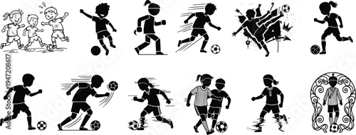 Kids playing soccer silhouettes collection with children running, dribbling and kicking football, youth sports activity illustrations isolated on white background