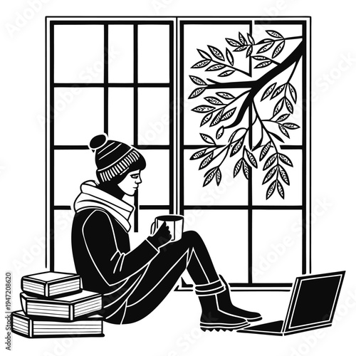 cozy winter studying with coffee silhouette black  (1)(1)