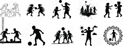 Kids playing soccer silhouettes collection featuring children dribbling, passing and kicking football, black vector set of playful outdoor sport activity illustrations