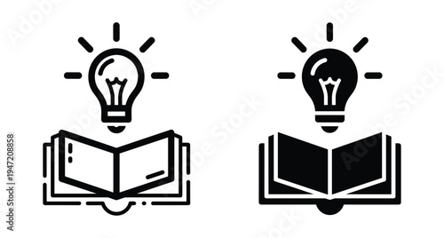 lightbulb over open book icon set representing creative ideas knowledge education learning inspiration wisdom insight study research school library literacy