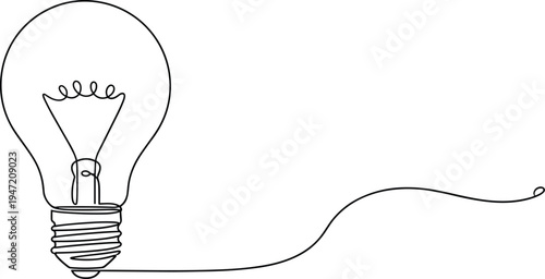 Minimal continuous line light bulb illustration with long wire, creative idea and innovation concept symbol, simple outline electric lamp icon isolated on light background