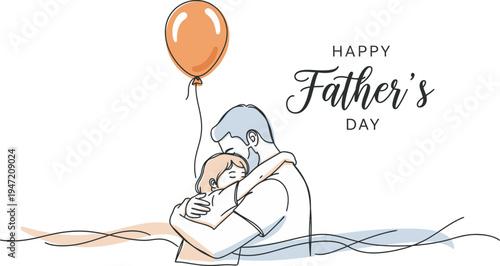 Heartwarming father's day illustration of a man and child embrace with orange balloon