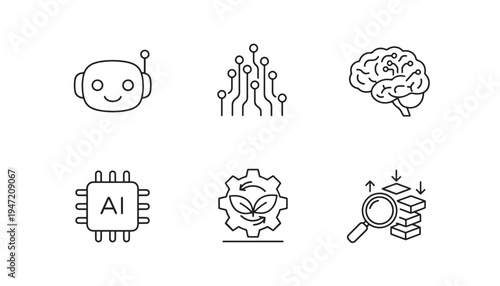 Artificial intelligence icons: robot, brain, cpu, AI chip, magnifying glass, gears
